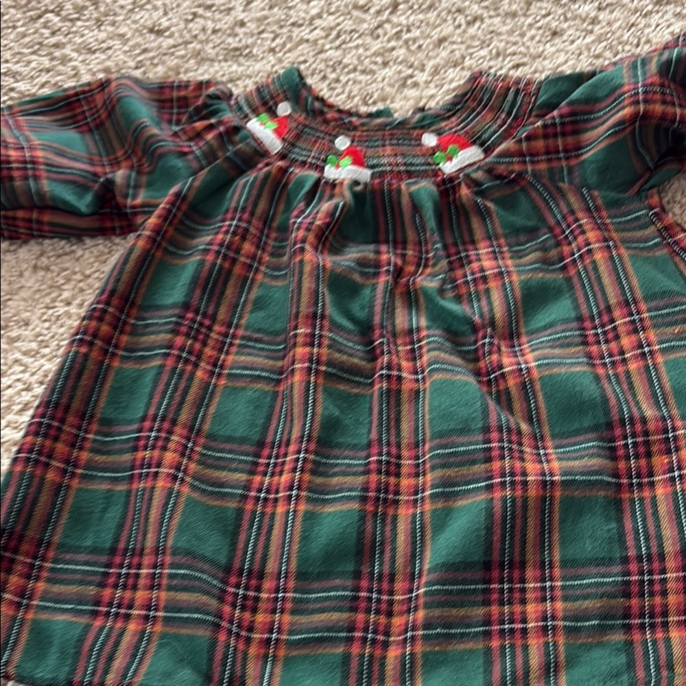 Green and Red Smocked Puff Sleeve Dress